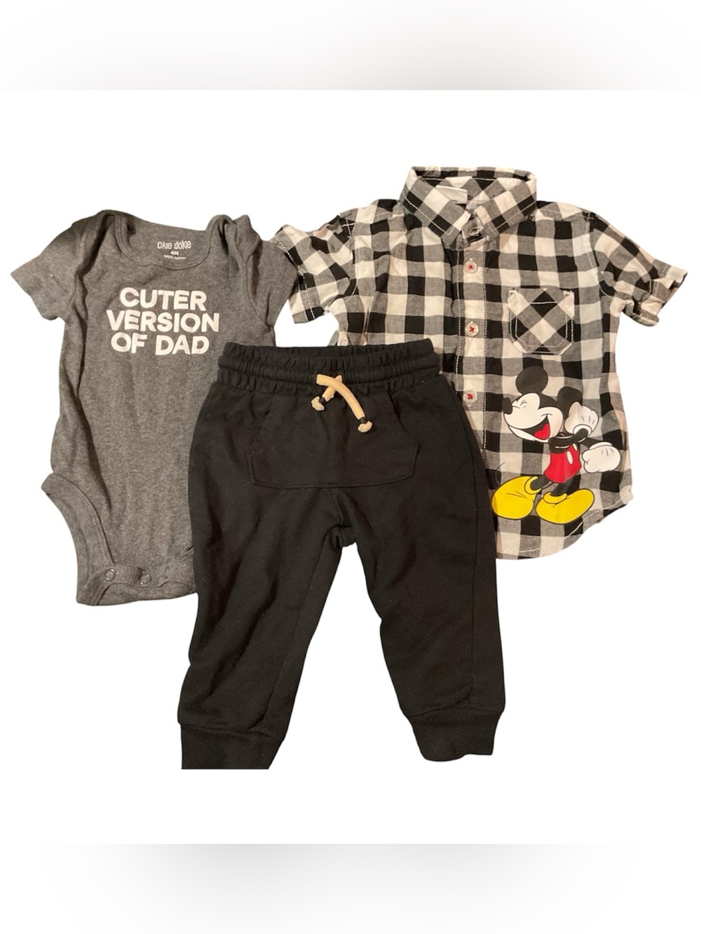 Okie Dokie Cuter...Dad Bodysuit, Sweatpants, Disney Mickey Plaid Shirt Bundle